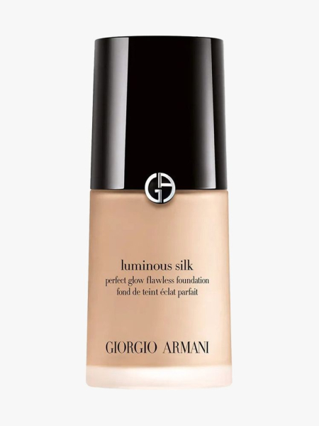 Armani Beauty Luminous Silk Foundation bottle of foundation with black cap on light gray background